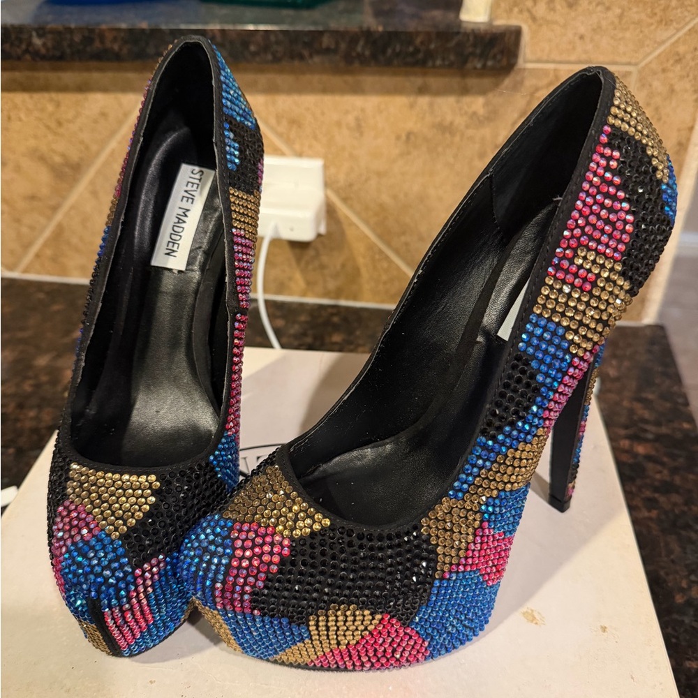 Steve Madden Black and Multicolor Rhinestone Heels